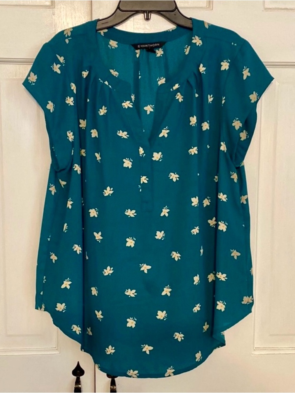 41 Hawthorn Teal Floral Split Neck Blouse Petite Large PL Workwear Top